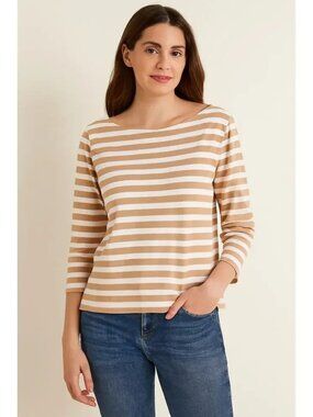 J. CREW 3/4 Sleeve Boatneck Camel/White Striped Shirt, 100% Cotton, Size Medium